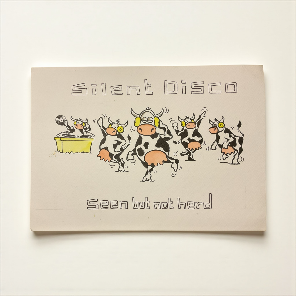 cartoon of cows at a silent disco