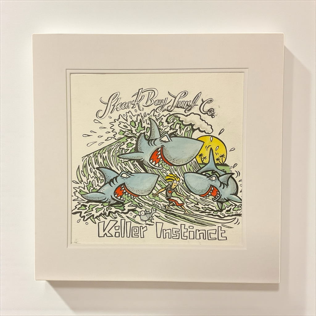 cartoon of rebellious sharks surrounding a surfer