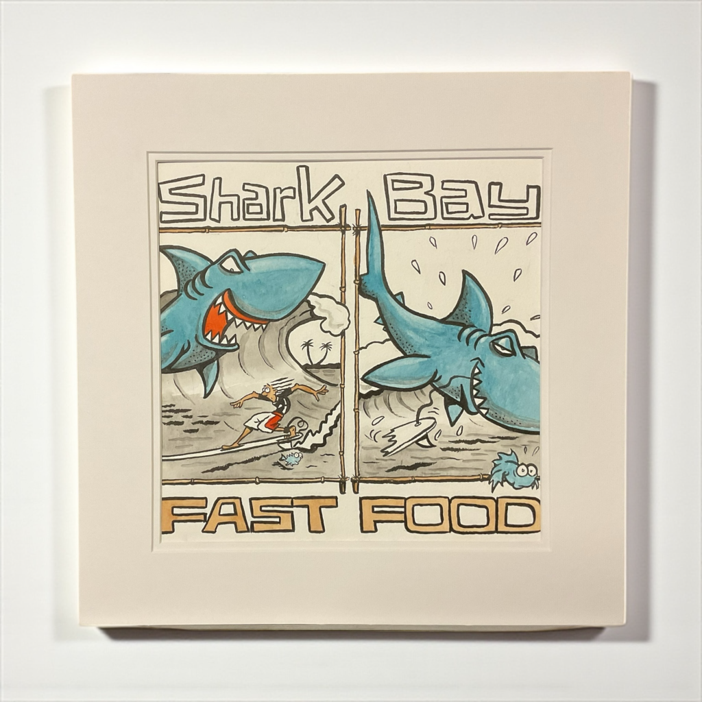 Cartoon of shark chasing surfer