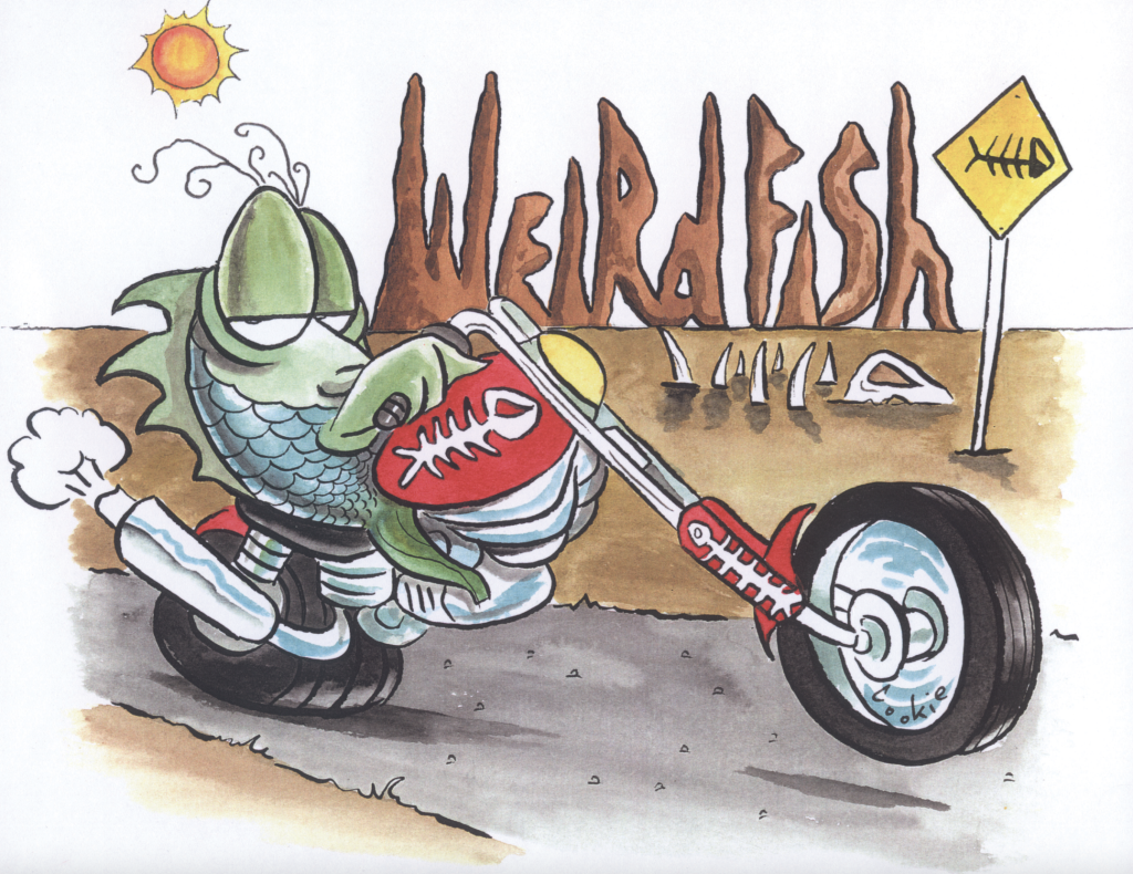 cartoon of a fish on a motorbike