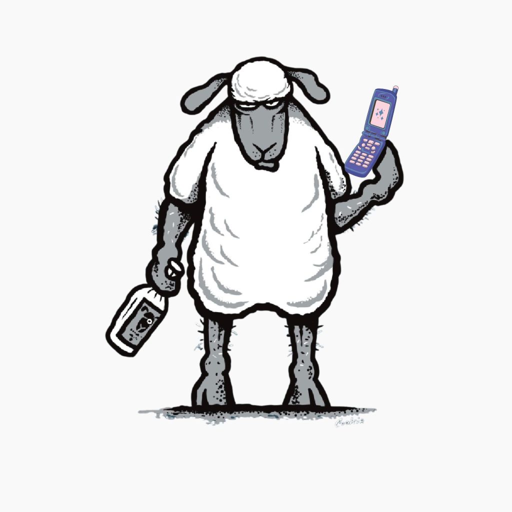grumpy sheep with phone