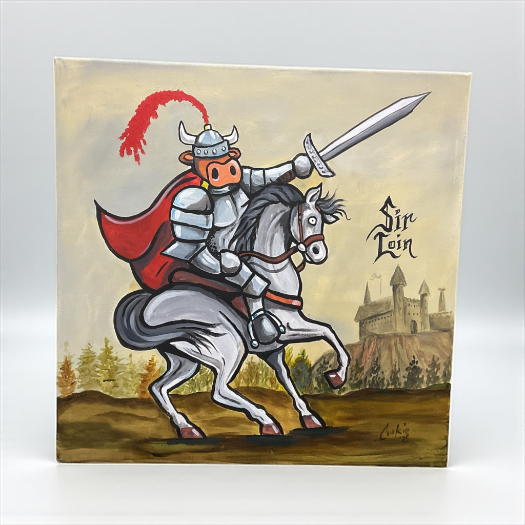 cartoon of a bull as a knight with a sword on a horse